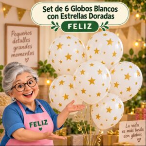 RI-0008760 Set de 6 Globos Blancos con Estrellas Doradas Feliz
