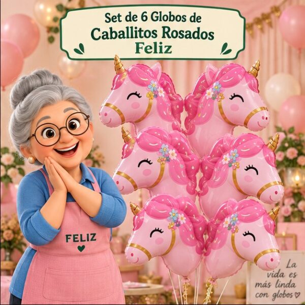 RI-0008765 Set de 6 Globos de Caballitos Rosados Feliz