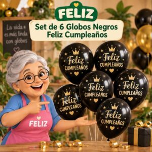 RI-0008768 Set de 6 Globos Negros Feliz Cumpleaños Feliz