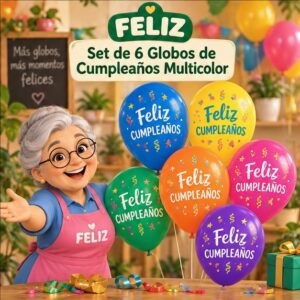 RI-0008771 Set de 6 Globos de Cumpleaños Multicolor Feliz