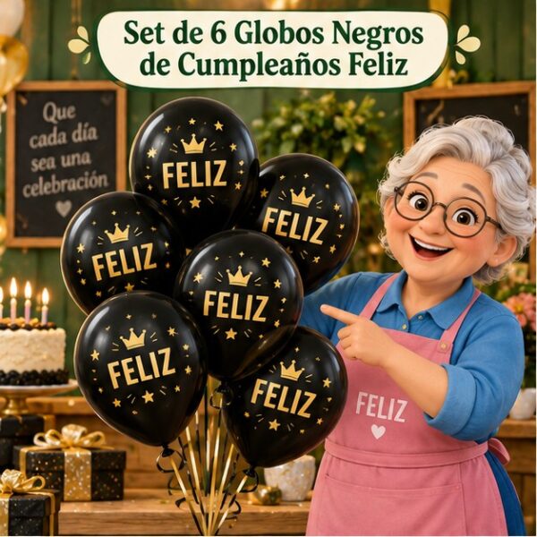 Set de 6 Globos Negros de Cumpleaños Feliz