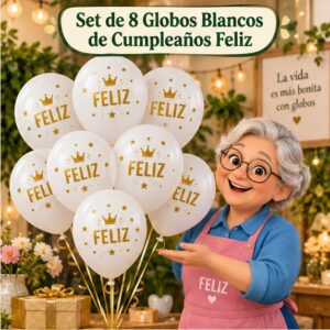 RI-0008773 Set de 8 Globos Blancos de Cumpleaños Feliz