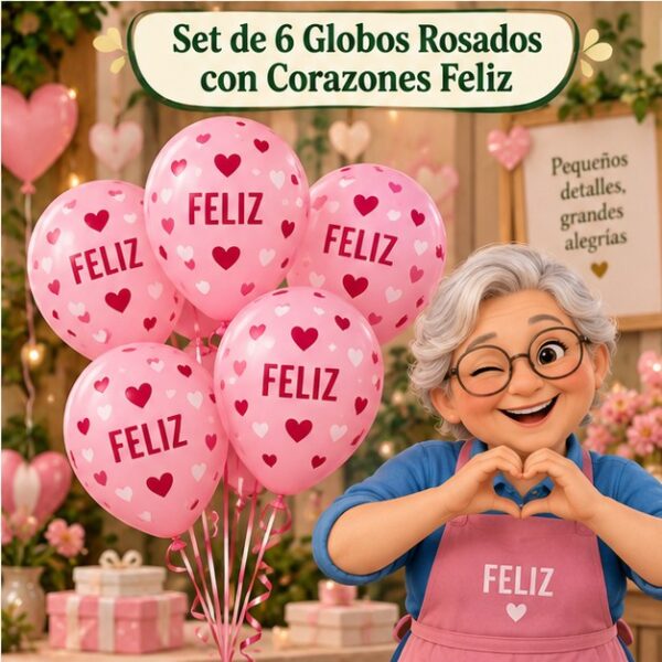 RI-0008775 Set de 6 Globos Rosados con Corazones Feliz