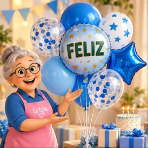 RI-0008776 Set de 8 Globos Azules de Cumpleaños Feliz