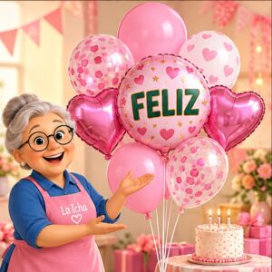 RI-0008778 Set de 7 Globos Rosados de Cumpleaños Feliz