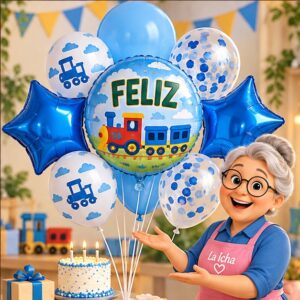 RI-0008779 Set de 7 Globos Azules con Tren Feliz