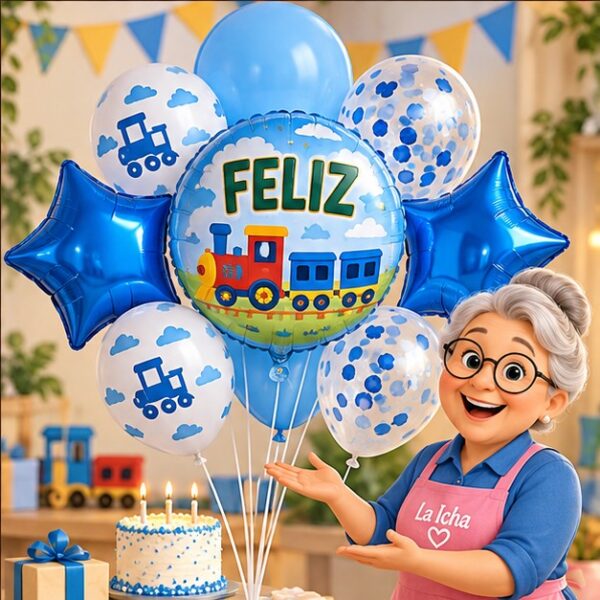 RI-0008779 Set de 7 Globos Azules con Tren Feliz