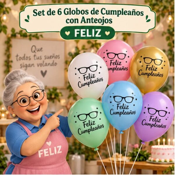 RI-0008780 Set de 6 Globos de Cumpleaños con Anteojos Feliz