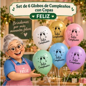 RI-0008781 Set de 6 Globos de Cumpleaños con Copas Feliz
