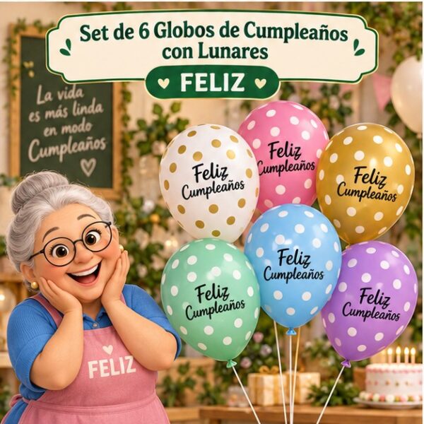 RI-0008782 Set de 6 Globos de Cumpleaños con Lunares Feliz