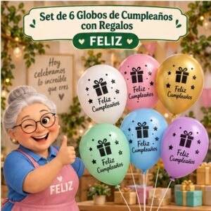 RI-0008783 Set de 6 Globos de Cumpleaños con Regalos Feliz