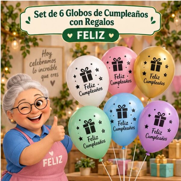 RI-0008783 Set de 6 Globos de Cumpleaños con Regalos Feliz