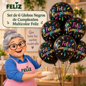 RI-0008784 Set de 6 Globos Negros de Cumpleaños Multicolor Feliz