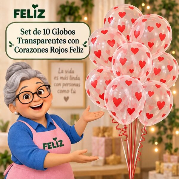 Set de 10 Globos Transparentes con Corazones Rojos Feliz