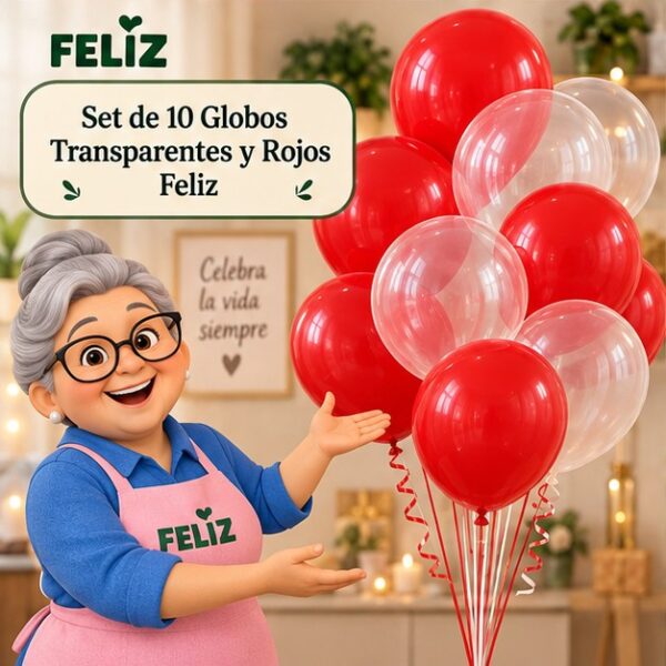 RI-0008786 Set de 10 Globos Transparentes y Rojos Feliz