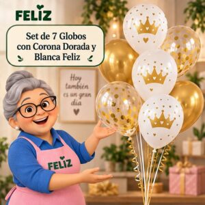 RI-0008787 Set de 7 Globos con Corona Dorada y Blanca Feliz
