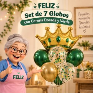 RI-0008788 Set de 7 Globos con Corona Dorada y Verde Feliz
