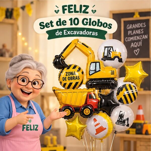 RI-0008790 Set de 10 Globos de Excavadoras Feliz