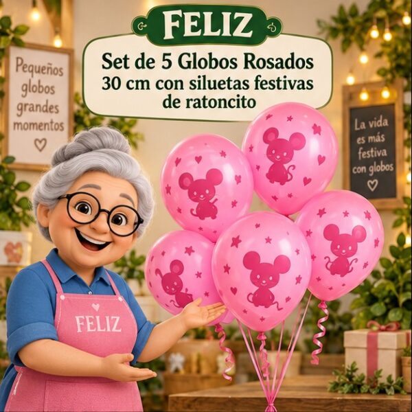 RI-0008792 Set de 5 Globos Mickey Rosados 30 cm Feliz