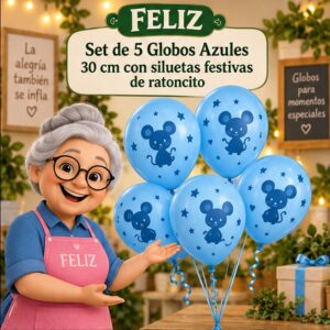 RI-0008793 Set de 5 Globos Mickey Azules 30 cm Feliz