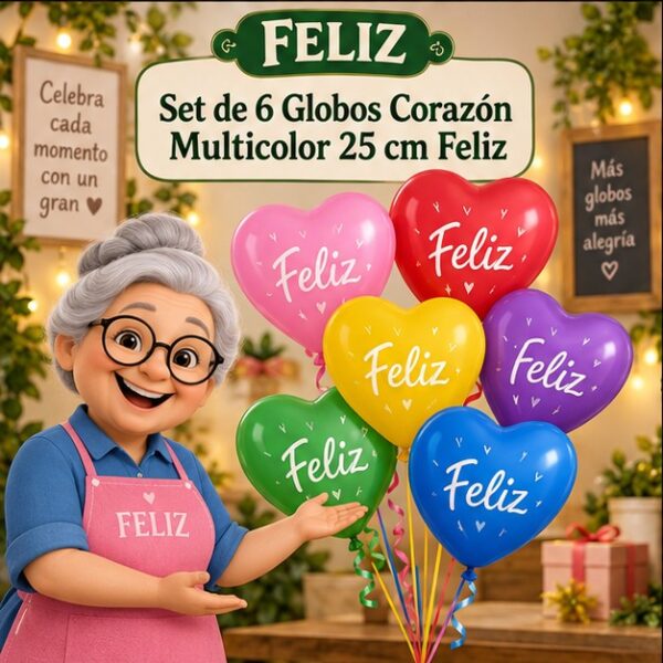 RI-0008794 Set de 6 Globos Corazón Multicolor 25 cm Feliz