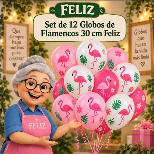 Set de 12 Globos de Flamencos 30 cm Feliz