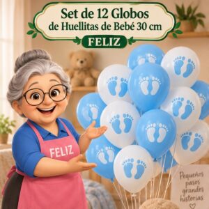 RI-0008796 Set de 12 Globos de Huellitas de Bebé 30 cm Feliz