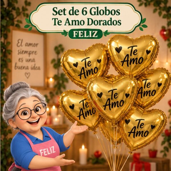 RI-0008797 Set de 6 Globos Te Amo Dorados Feliz
