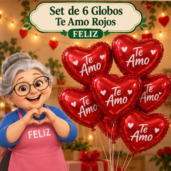 RI-0008798 Set de 6 Globos Te Amo Rojos Feliz