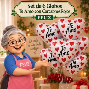 RI-0008799 Set de 6 Globos Te Amo con Corazones Rojos Feliz