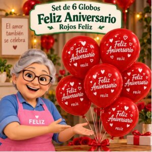 RI-0008800 Set de 6 Globos Feliz Aniversario Rojos Feliz