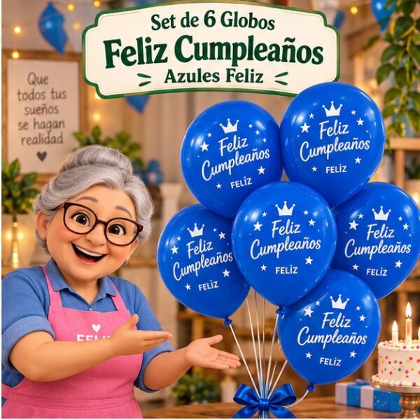 RI-0008801 Set de 6 Globos Azules Feliz Cumpleaños Feliz