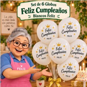 RI-0008803 Set de 6 Globos Blancos Feliz Cumpleaños Feliz