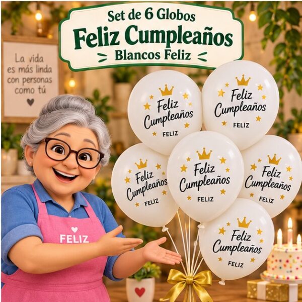 RI-0008803 Set de 6 Globos Blancos Feliz Cumpleaños Feliz