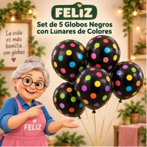RI-0008804 Set de 5 Globos Negros con Lunares de Colores Feliz