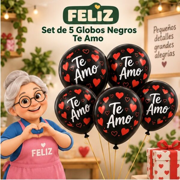 RI-0008805 Set de 5 Globos Negros Te Amo Feliz