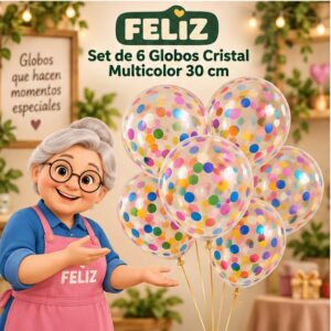 RI-0008806 Set de 6 Globos Cristal Multicolor 30 cm Feliz