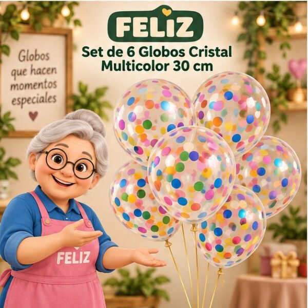 RI-0008806 Set de 6 Globos Cristal Multicolor 30 cm Feliz