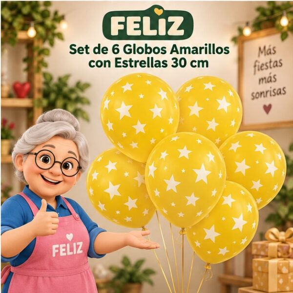 RI-0008807 Set de 6 Globos Amarillos con Estrellas 30 cm Feliz