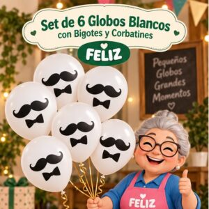 RI-0008808 Set de 6 Globos Blancos con Bigotes y Corbatines Feliz