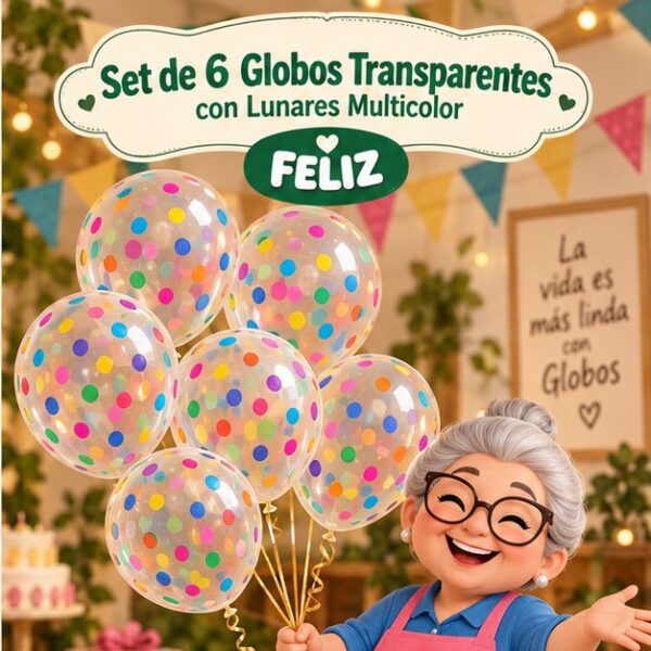 RI-0008809 Set de 6 Globos Transparentes con Lunares Multicolor Feliz