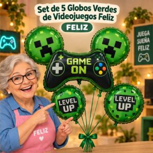 RI-0008811 Set de 5 Globos Verdes de Videojuegos Feliz