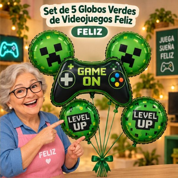 RI-0008811 Set de 5 Globos Verdes de Videojuegos Feliz