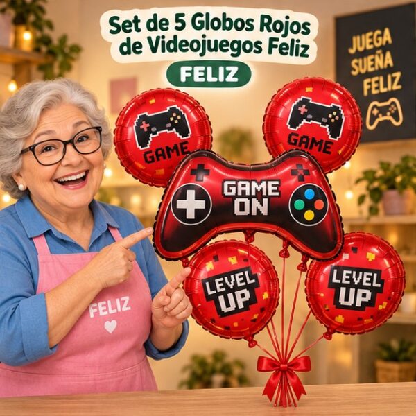 RI-0008812 Set de 5 Globos Rojos de Videojuegos Feliz
