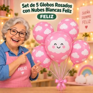 RI-0008813 Set de 5 Globos Rosados con Nubes Blancas Feliz
