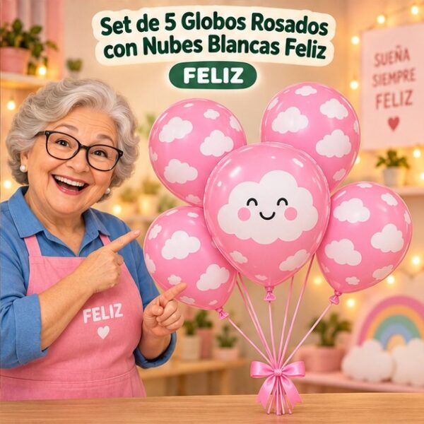 RI-0008813 Set de 5 Globos Rosados con Nubes Blancas Feliz