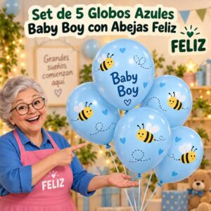 RI-0008816 Set de 5 Globos Azules Baby Boy con Abejas Feliz