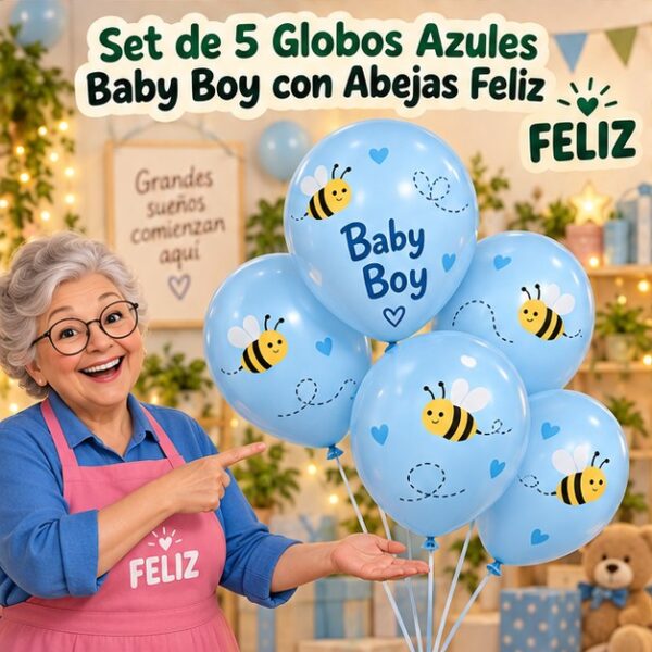 Set de 5 Globos Azules Baby Boy con Abejas Feliz