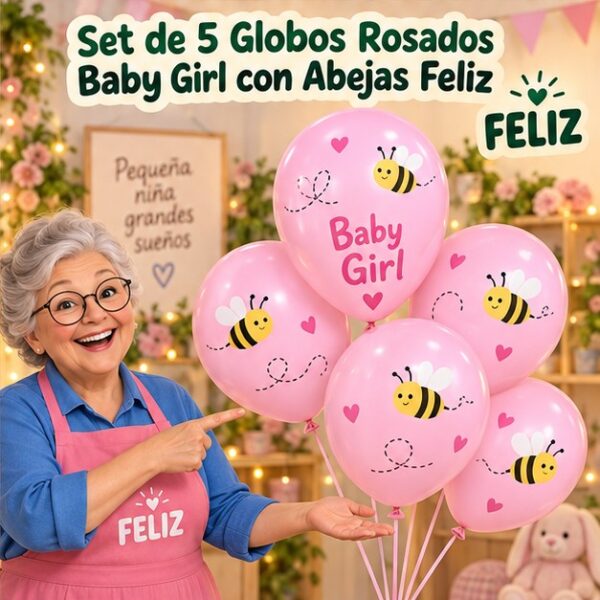 Set de 5 Globos Rosados Baby Girl con Abejas Feliz
