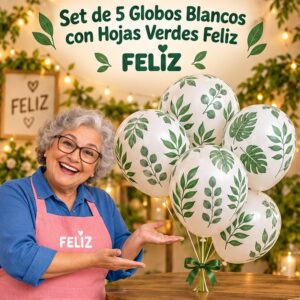 RI-0008818 Set de 5 Globos Blancos con Hojas Verdes Feliz
